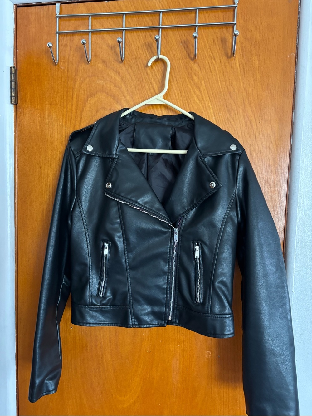 Classic Black Faux Leather Moto Jacket - Women L